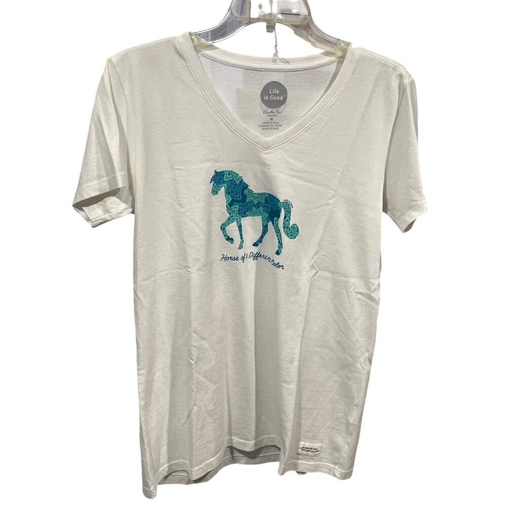 Life Is Good Womens Crusher Tee Horse Print White V-Neck M 100% Cotton 6q